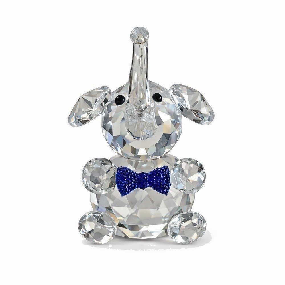 Crystal Elephant Figurine Blue Bow Tie Faceted‎ Glass 3" Decor